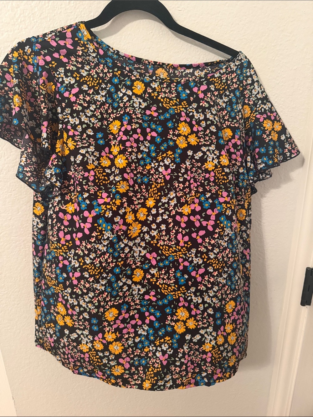 SHEIN Black Floral Blouse with Pink, Yellow & Blue Accents